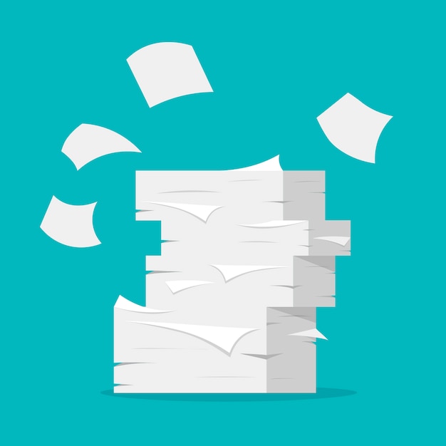 Paper sheets pile. Paperwork and office routine. Heap of white papers in a flat trendy style.