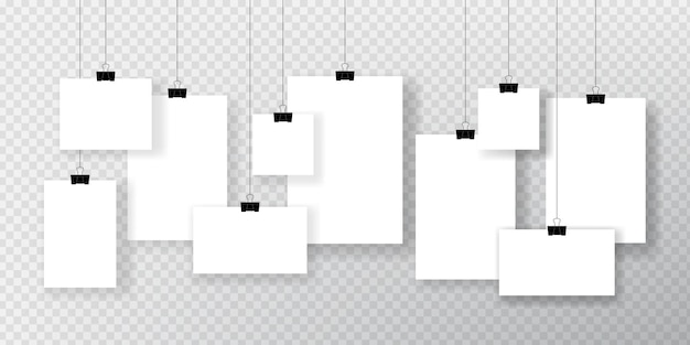 Paper sheets poster template on transparent background. Collection of blank frame layout hanging from paper clip. Vector illustration