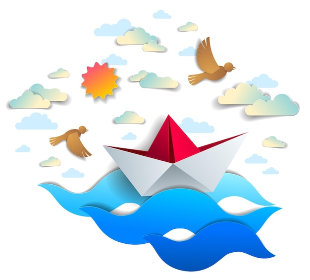 Vector paper ship swimming in sea waves, origami folded toy boat floating in the ocean with beautiful scenic seascape with birds and clouds in the sky, vector illustration.