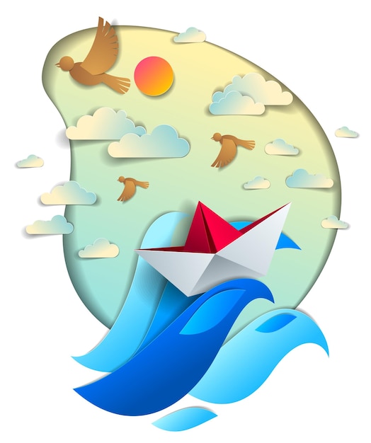 Vector paper ship swimming in sea waves, origami folded toy boat floating in the ocean with beautiful scenic seascape with birds and clouds in the sky, vector illustration.