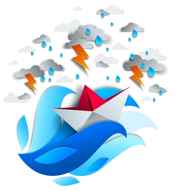 Vector paper ship swimming in storm with lightning, origami folded toy boat fights for survival in the ocean in thunderstorm and rainy weather, vector illustration.