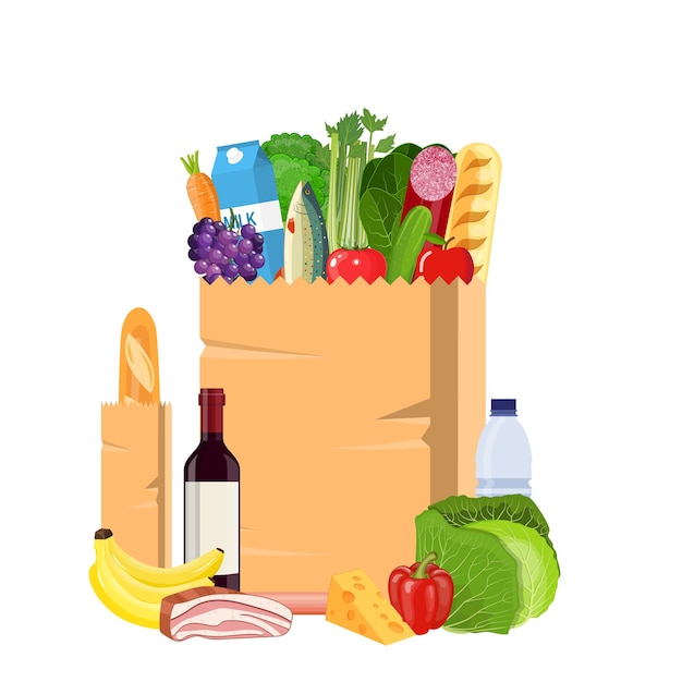 Vector paper shopping bag full of groceries products. grocery store