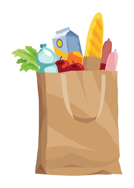 Vector paper shopping bag products grocery different food and beverage products grocery shopping grocery supermarket fresh organic food and drinks grocery delivery concept