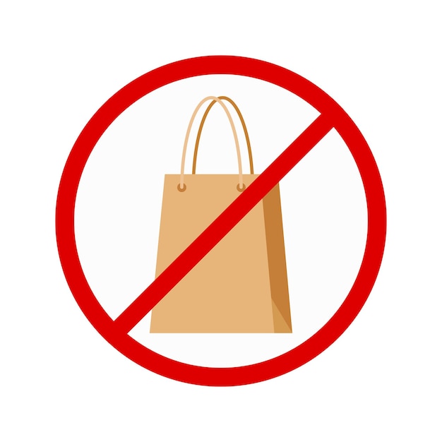 Vector paper shopping bag in red crossed circle. flat style crossed out supermarket store packaging icon isolated on white background. vector bue protest illustration - buy nothing day concept.