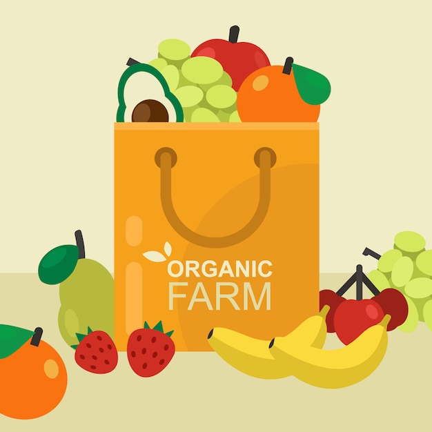 Vector paper shopping bag with  fresh healthy  fruit