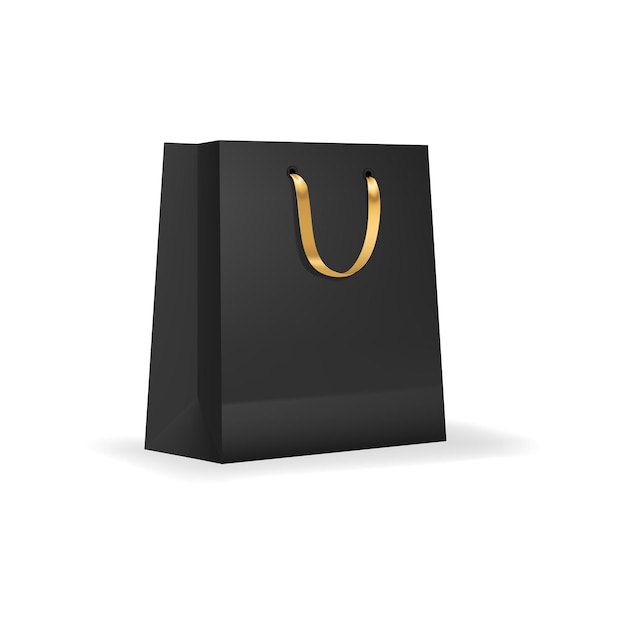 Paper shopping bag with golden ribbon handle mockup Boutique cardboard packaging shop paper packet or isolated shopping package 3d vector mock up Retail purchase bag realistic template or mockup