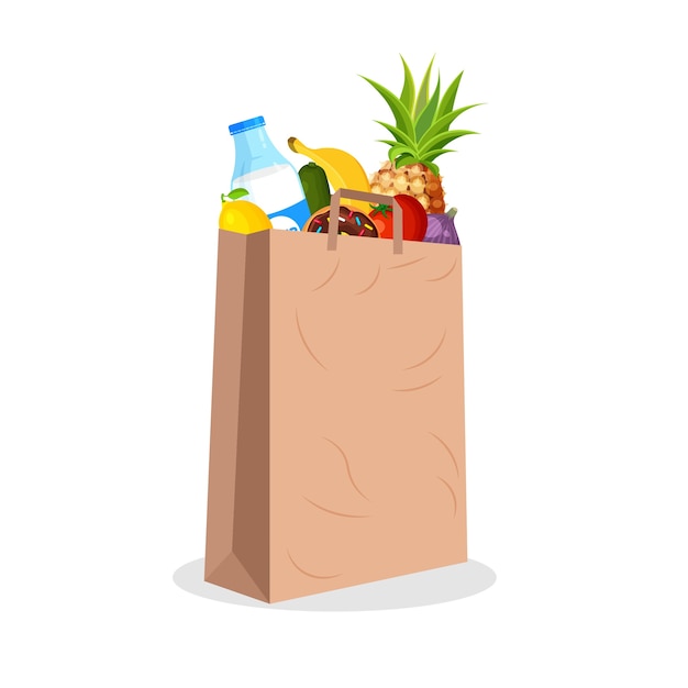 Paper shopping package full of fruit and vegetables. Supermarket bag with food. Groceries in a trendy flat style. Farming, fresh food and organic agriculture.