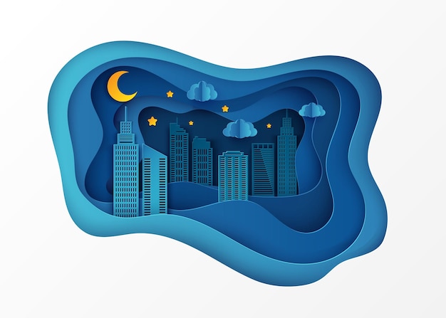 Vector paper skyscrapers night city skyline building landscape skyscraper clouds hills stars moon vector