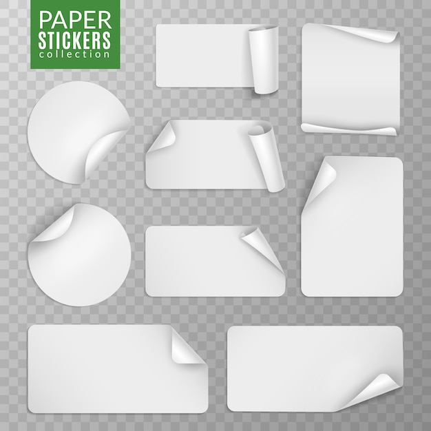 Vector paper stickers set. white label sticker page, blank badge bent note sticky banners curled corners wrapped sheets. isolated