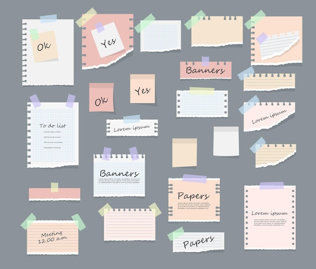 Paper sticky notes memo messages notepads and pieces torn paper sheets reminder card