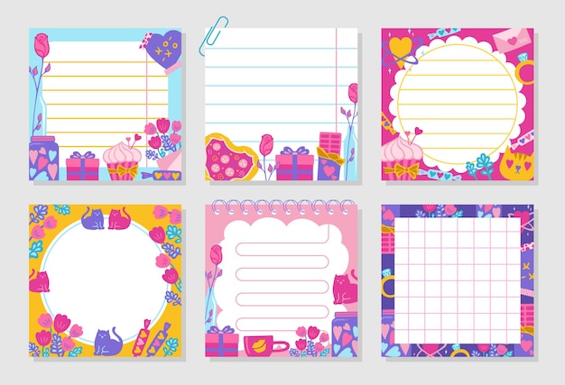 Vector paper sticky notes notepaper sticker notepads set valentines day elements sheet list copybook page