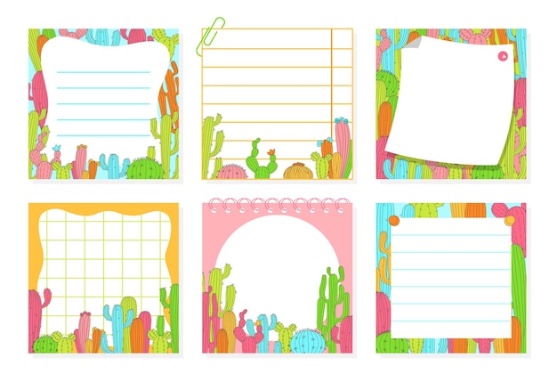 Paper sticky notes notepaper sticker notepads with cacti cartoon set copybook page lined grid