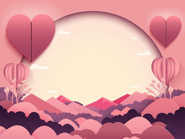 Paper Style Beautiful Landscape Background With Hearts And Copy Space