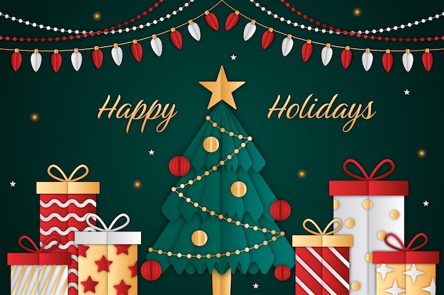 Vector paper style christmas background with tree and presents