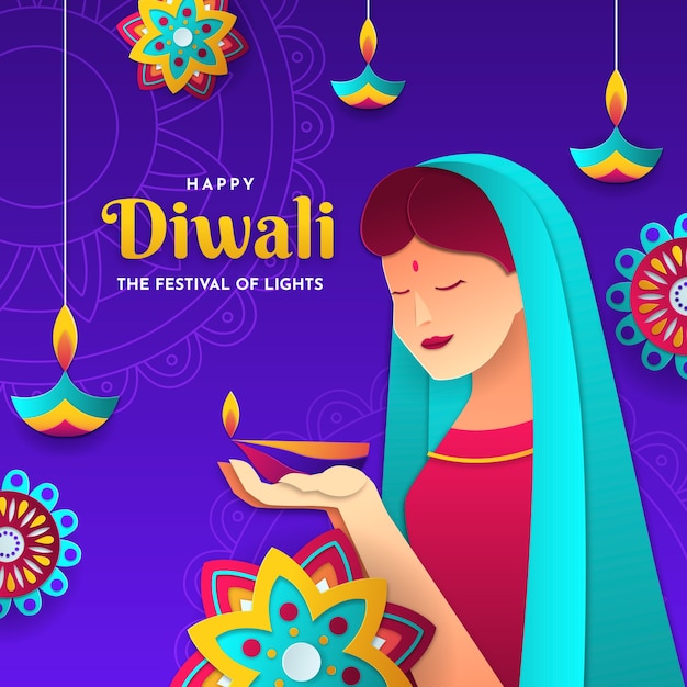 Vector paper style diwali illustration