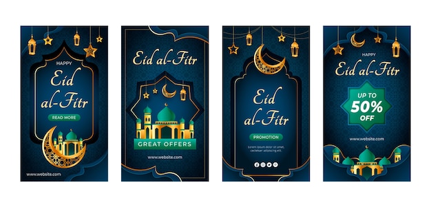 Vettore collezione di storie di instagram eid al-fitr in stile carta