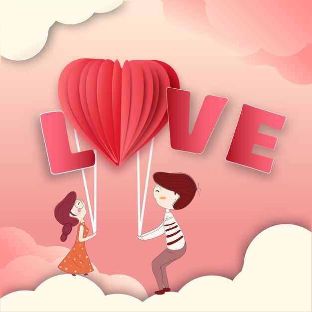 Paper Style Greeting Card met Love Font Layered Heart en Cute Kids Paar op Cloudy Pastel Red Background Gelukkige Valentijnsdag Concept