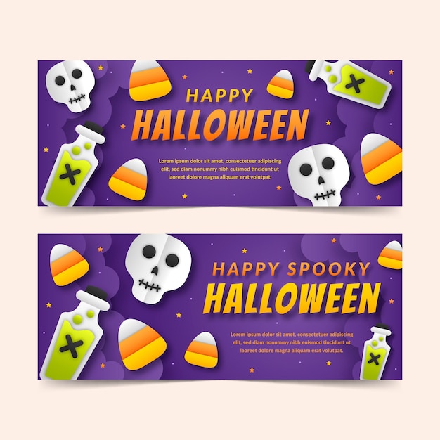 Vettore set di banner orizzontali di halloween in stile carta