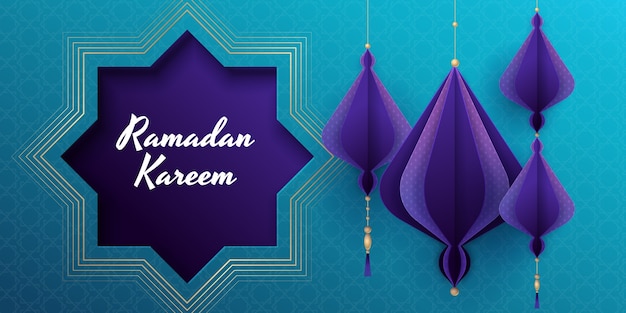 Modello di banner orizzontale in stile carta per la celebrazione del ramadan