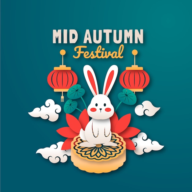 Paper style illustration for chinese mid-autumn festival celebration