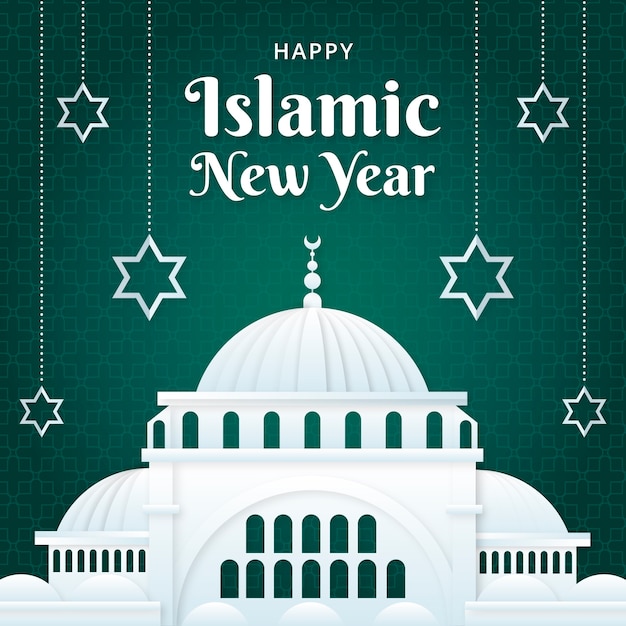 Vettore illustrazione di capodanno islamico in stile carta con palazzo e stelle