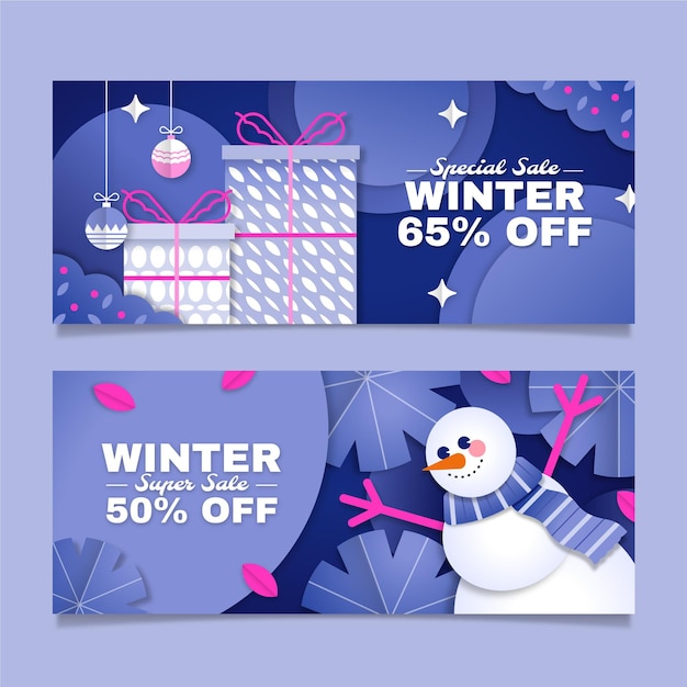 Set di banner orizzontali di vendita invernale in stile carta