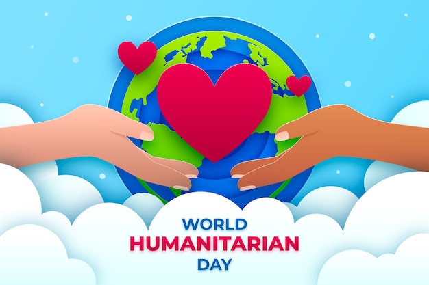 Vettore fondo della giornata umanitaria mondiale in stile carta con cuore e mani