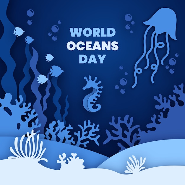 Vector paper style world oceans day illustration