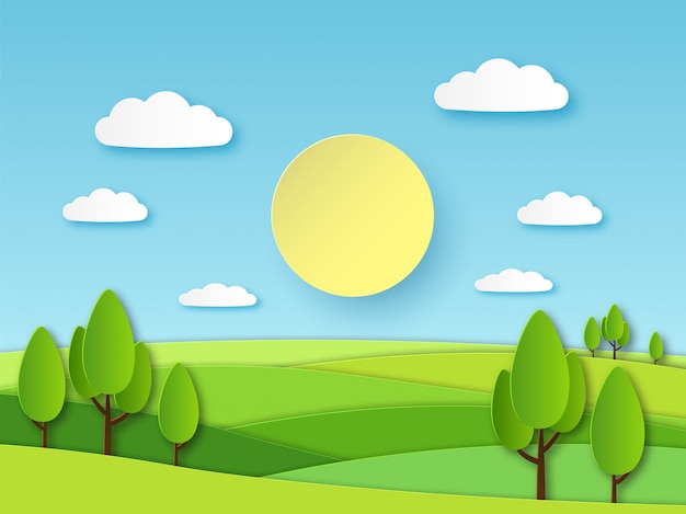 Vector paper summer landscape. panoramic green field with trees and blue sky with white clouds. layered papercut ecology vector 3d concept