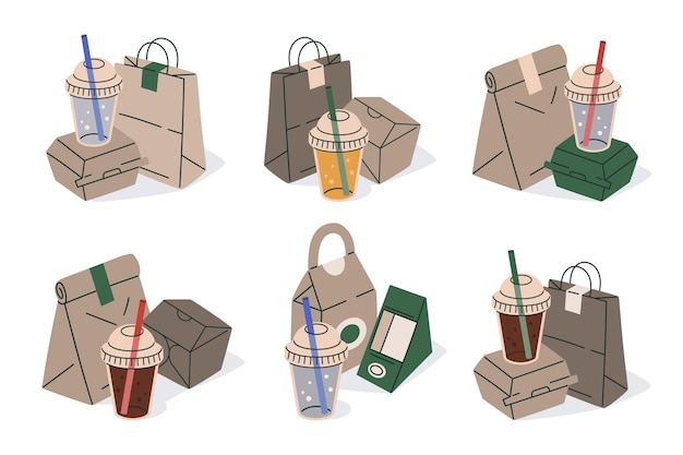 Paper takeaway containers Food delivery craft bags boxes and plastic cup Disposable food delivery packaging flat vector illustration set