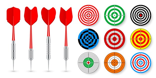 Vector paper targets with dart arrows and shadows shooting range round target divisions marks and numbers