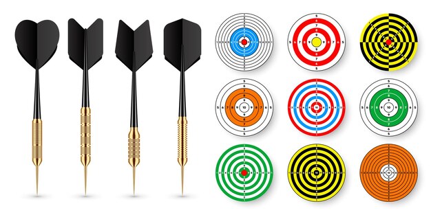 Vector paper targets with dart arrows and shadows shooting range round target divisions marks and numbers