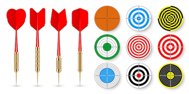 Vector paper targets with dart arrows and shadows shooting range round target divisions marks and numbers