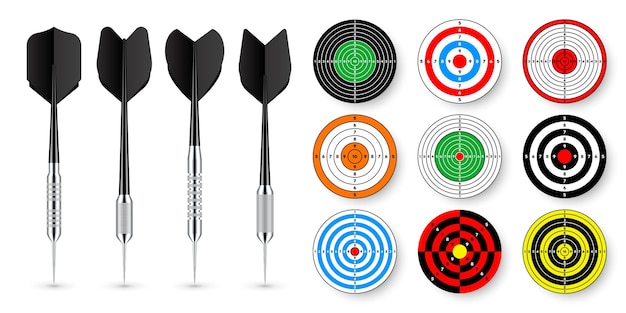 Vector paper targets with dart arrows and shadows shooting range round target divisions marks and numbers