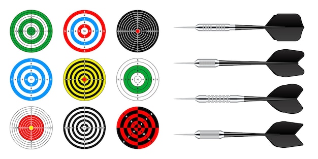 Vector paper targets with dart arrows shooting range round target divisions marks and numbers gun shooting practise and training sport competition hunting bullseye and aim vector illustration