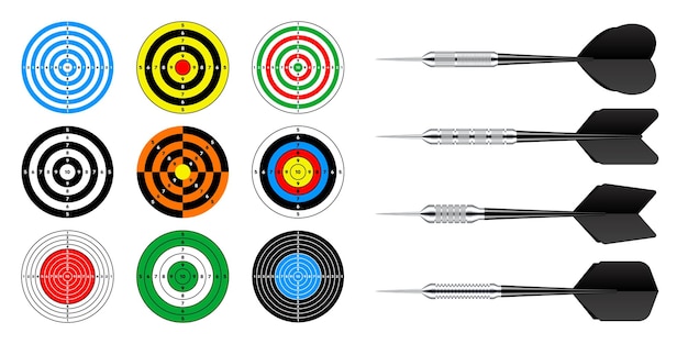 Vector paper targets with dart arrows shooting range round target divisions marks and numbers gun shooting