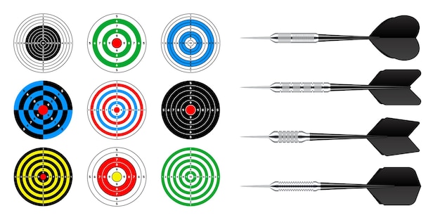 Vector paper targets with dart arrows shooting range round target divisions marks and numbers gun shooting