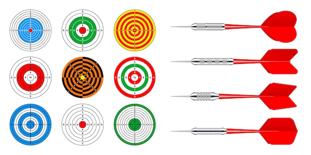 Vector paper targets with dart arrows shooting range round target divisions marks and numbers gun shooting