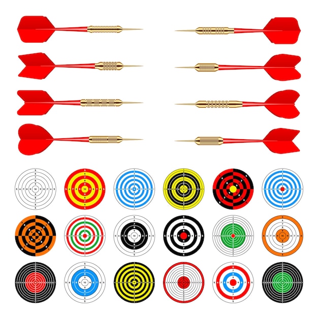 Vector paper targets with dart arrows shooting range round target divisions marks and numbers gun shooting