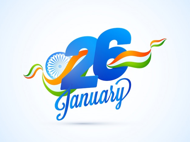 Paper text 26 january on national tricolors wave, indian republic day background.