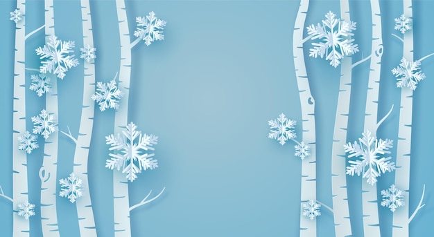 Vector paper tree, snow and origami ice flakes