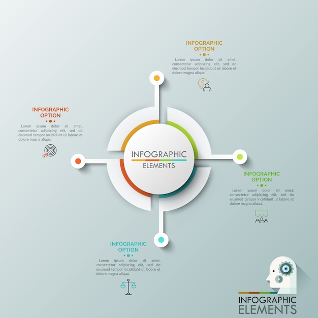 Paper white circular diagram divided into four equal parts connected with thin line icons and text boxes. visualization of cyclical business process with four steps.