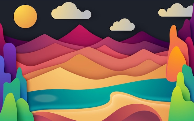 Papercut background abstract landscape of mountains hills and valleys