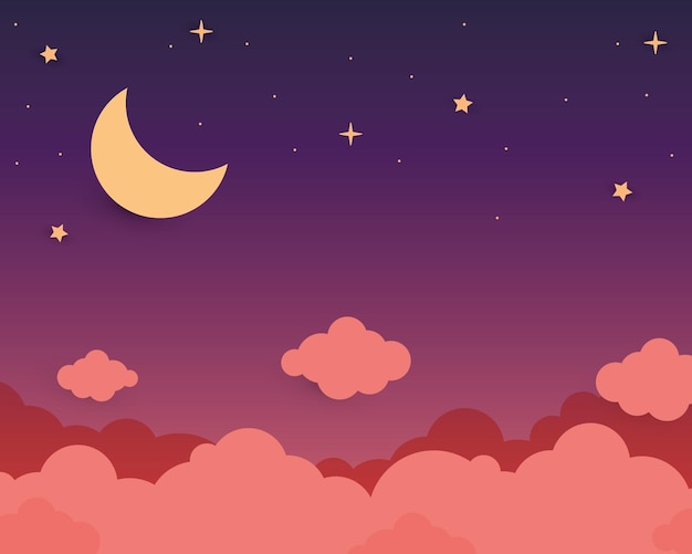 雲と月と星を持つ夕暮れの空の紙切れイラスト