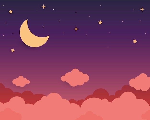 Vector papercut illustration of a twilight sky with clouds moon and stars