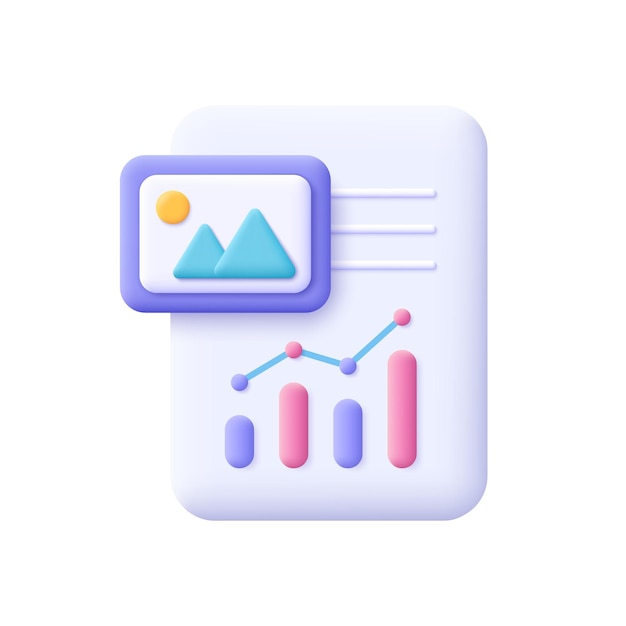 Papers with data analytics and jpg file business report 3d vector icon cartoon minimal style