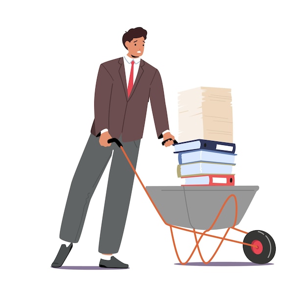 Vector paperwork accounting bureaucracy concept businessman push wheelbarrow with huge steak of documents work overload