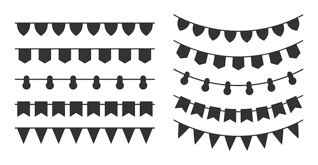 Vector papier bunting garland carnaval met vlag zwart silhouet set lantaarns driehoek vlag lint stencil print sjabloon naadloze patroon borstel decoratieve wimpel vakantie partij festival sticker geïsoleerd