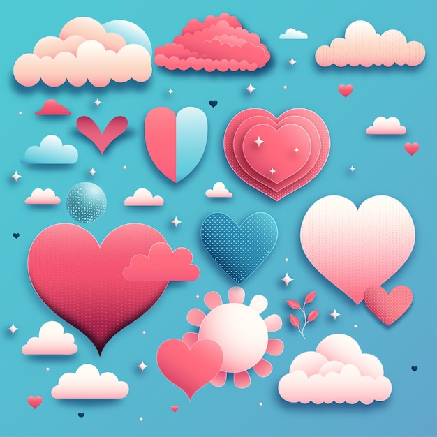 Papier gesneden hartvormen met wolken bloemblaadjes en sterren versierd op blauwe achtergrond happy valentine's day concept