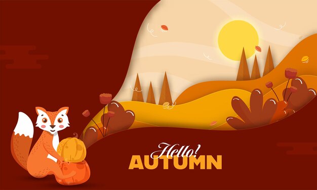 Papier gesneden herfst zon landschap achtergrond met Cartoon Fox Holding pompoenen illustratie